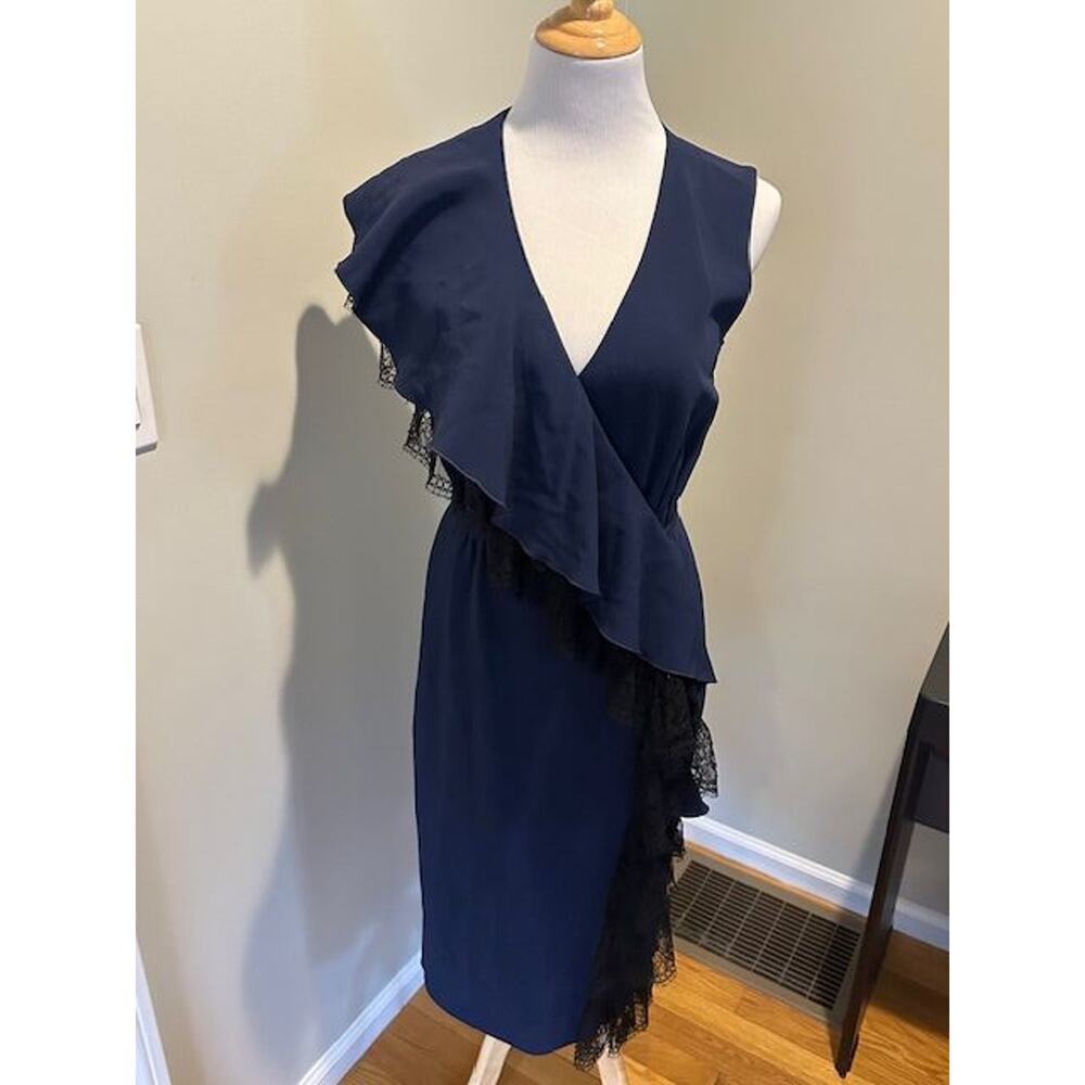 Adam Lippes Navy Blue Ruffle Black Lace Wrap Dress NWT Sz 4